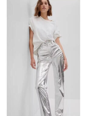 Gap High Rise Vegan Leather Cheeky Straight Pants Silver Metallic Women 31/ 12 T